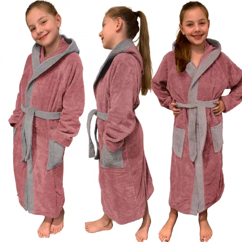 Halat de baie pentru copii Homelevel, 176, Roz / Gri, Bumbac organic, 54864.33.41