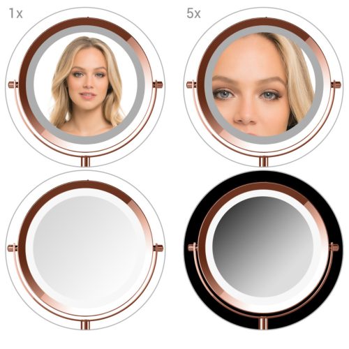 Oglinda cosmetica Navaris cu LED, marire 5x, 17 cm diametru, dubla fata, cupru, otel/sticla/cupru