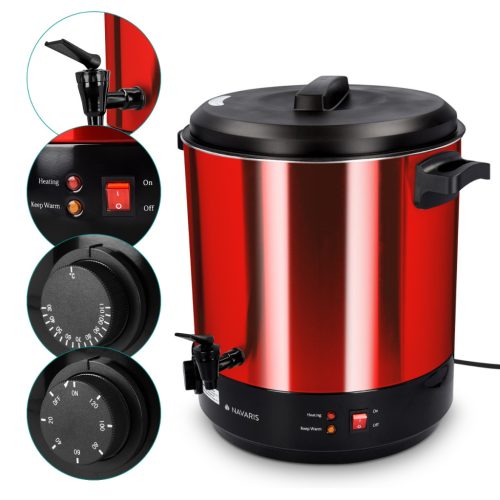 Fierbator electric Navaris, 27 L, pentru vin fiert si conservare, cu robinet, rosu, metal