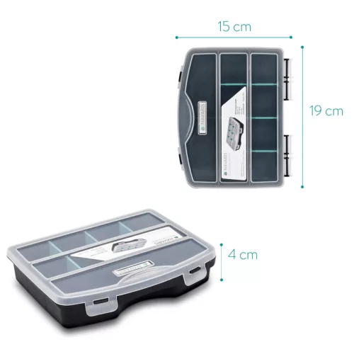 Organizator piese mici Navaris, 19x15x4 cm, separatoare reglabile, 4 cleme, transparent, plastic