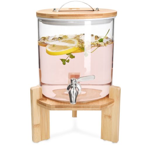 Dozator bauturi Navaris, din sticla borosilicata, 5L, robinet inox si suport din bambus, pentru bauturi calde si reci,Transparent