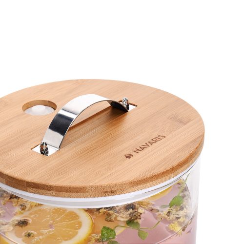 Dozator bauturi Navaris, din sticla borosilicata, 5L, robinet inox si suport din bambus, pentru bauturi calde si reci,Transparent