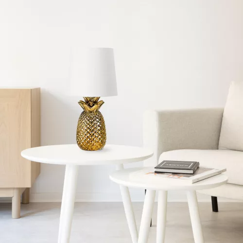 Lampa de masa Navaris, design ananas, 35 cm, gold/white, ceramica si metal, multicolor, ceramica/metal
