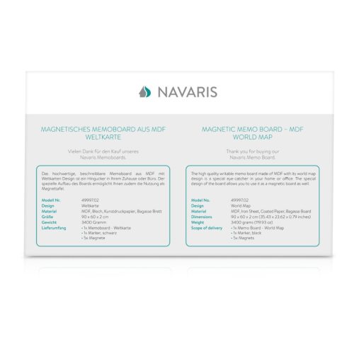 Tabla magnetica Navaris, harta lumii, 90x60 cm, whiteboard si magneti, multicolor, MDF/metal