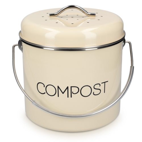 Cos de compost Navaris, 5 L, cu maner si filtru carbon activ, pentru bucatarie, crem, metal