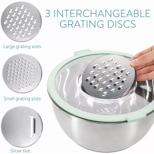 Set 2 boluri metalice multifunctionale cu capac Navaris, 20 cm si 24 cm, 3 razatori, Antiderapant, Inox, Argintiu/Verde, 49210.02.71