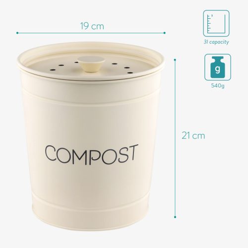 Cos de compost metalic Navaris, 3 L, capac cu filtru, 3 filtre incluse, pentru bucatarie, crem, metal