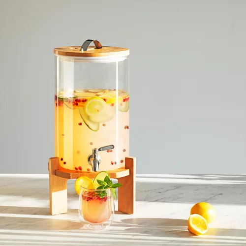 Dozator de bauturi din sticla Navaris cu robinet si stand, 5 l, Alb, 46785.06