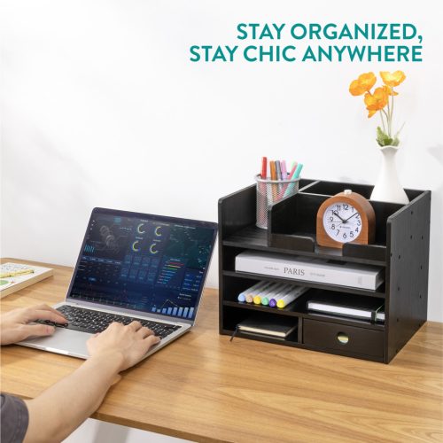 Organizator birou cu sertare Navaris, 33x24x26 cm, auto-asamblare, negru, bambus