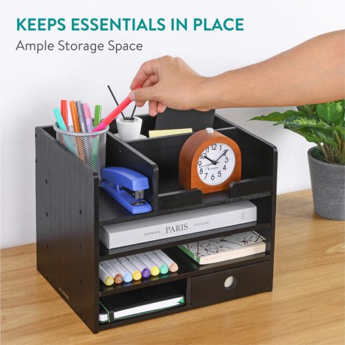 Organizator birou cu sertare Navaris, 33x24x26 cm, auto-asamblare, negru, bambus