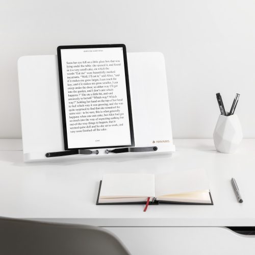 Suport pentru carti din bambus Navaris, 2 brate reglabile, 33 x 24 cm, Alb, 52801.2.02