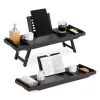 Suport baie extensibil Navaris, 75-108 cm, stand tableta si pahar, lemn de fag, negru, lemn