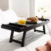 Suport baie extensibil Navaris, 75-108 cm, stand tableta si pahar, lemn de fag, negru, lemn