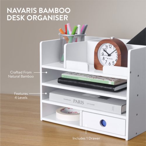 Organizator birou cu sertare Navaris, 33x24x26 cm, auto-asamblare, alb, bambus