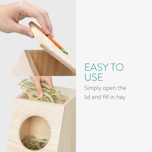 Hranitor fan Navaris din lemn pentru iepuri si rozatoare, 18x17x23 cm, cu capac, 55332.1