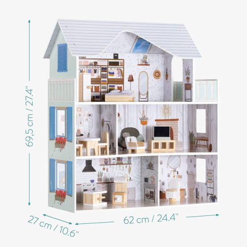 Casa de papusi din lemn Navaris, cu 3 etaje, cu mobilier si accesorii, 5 camere si balcon, 69.5x62x27 cm, 55376.01