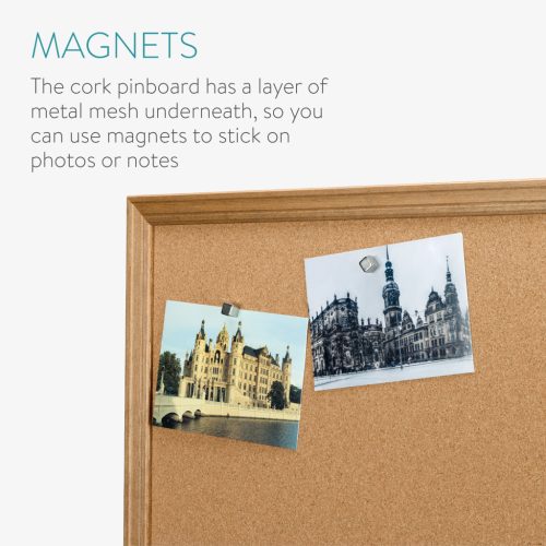 Panou pinboard Navaris, 60x45 cm, pluta magnetica, cadru lemn, pini si magneti, natur, maro, pluta/lemn