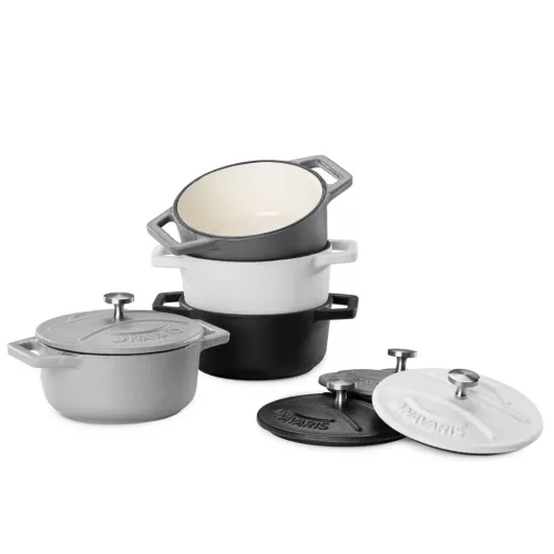 Set 4 Mini Oale din fontă Navaris, 10.5 cm, 290 ml, pentru cuptor si plita, negru/alb, 49079.04.03