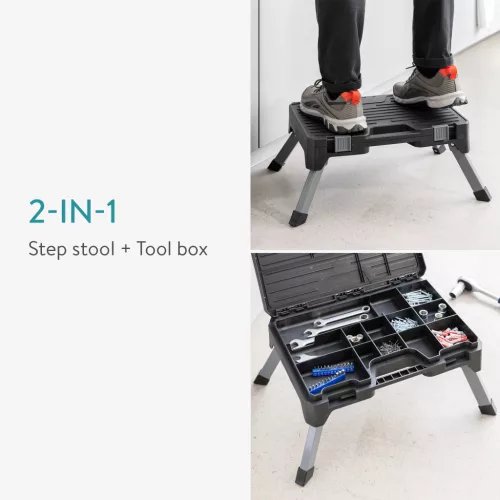 Scaun depozitare unelte Navaris, 53.3x38.1x24.3 cm, pliabil cu maner, capacitate 150 kg, negru, plastic