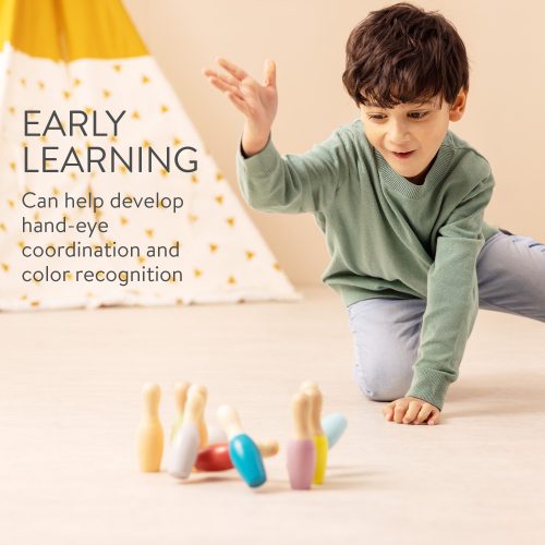 Joc de bowling pentru copii Navaris cu 10 popice si 2 mingi din lemn, 56354.01