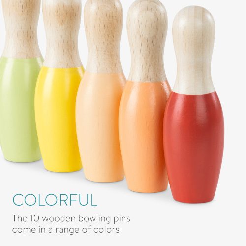 Joc de bowling pentru copii Navaris cu 10 popice si 2 mingi din lemn, 56354.01