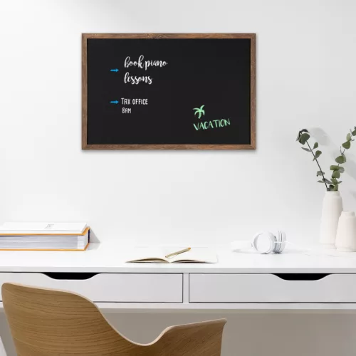 Tabla scolara Navaris cu rama MDF, 60x40 cm, montaj perete, 4 crete incluse, negru/natur, negru, MDF