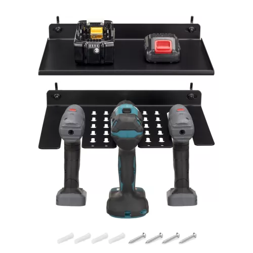 Suport cu raft scule electrice Navaris, 3 unelte, 31.5x22x4.5 cm, montaj perete/pegboard, negru, metal