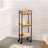 Raft baie Navaris cu roti, 3 rafturi, 27x18x82 cm, mobil si ingust, maro/negru, bambus