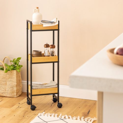 Raft baie Navaris cu roti, 3 rafturi, 27x18x82 cm, mobil si ingust, maro/negru, bambus