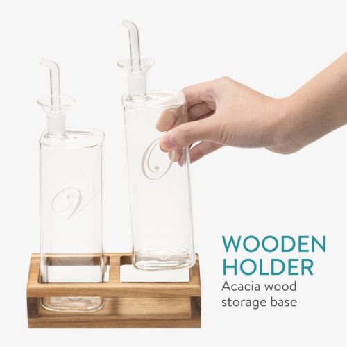 Set recipiente ulei si otet Navaris, 2x220 ml, sticla borosilicata, maro, sticla/lemn