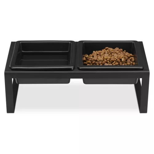 Suport hranire pentru pisici si caini mici Navaris, cu 2 boluri ceramice, suport metalic inaltat, 2x250 ml, antiderapant, design modern, Negru