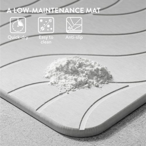 Covoras baie piatra diatomita Navaris, uscare rapida, 60x39 cm, antiderapant, ivoriu, negru, piatra