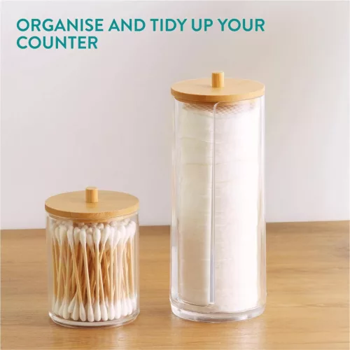 Organizator cosmetice, dischete demachiante si betisoare urechi, transparent, 2 compartimente, plastic/bambus, Navaris, 59140.03