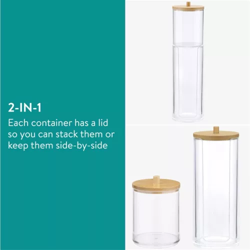 Organizator cosmetice, dischete demachiante si betisoare urechi, transparent, 2 compartimente, plastic/bambus, Navaris, 59140.03