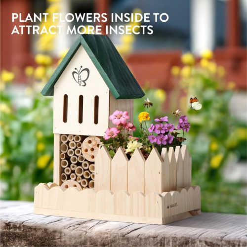 Hotel pentru insecte Navaris, cu ghiveci pentru flori, din lemn si bambus, NAV000025VF001C