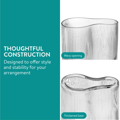Vaza din sticla Navaris Ribbed, forma ondulata, 18.5x12x20 cm, transparent, sticla