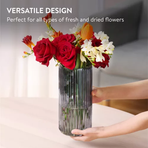 Vaza ribbed Navaris, 11.5x25 cm, cilindrica, pentru flori si decor, gri, sticla