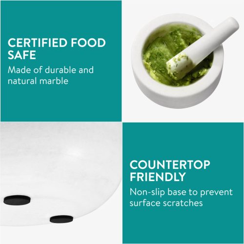 Set mojar si pistil Navaris, 18 cm, marmura alba, baza antiderapanta, 4 cup, alb, piatra naturala