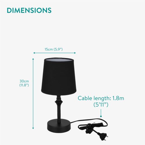 Lampa de masa Navaris, E27, abajur textil, 30 cm, cablu 1.8 m, baza metalica, negru, textil