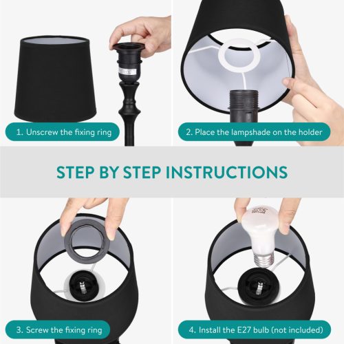 Lampa de masa Navaris, E27, abajur textil, 30 cm, cablu 1.8 m, baza metalica, negru, textil