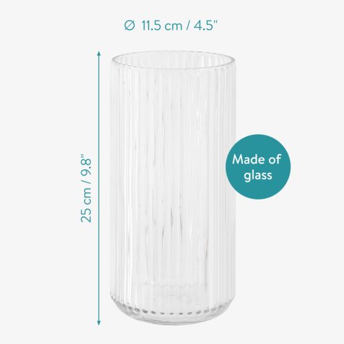 Vaza ribbed Navaris, 11.5x25 cm, transparenta, cilindrica, pentru flori si buchete, transparent, sticla