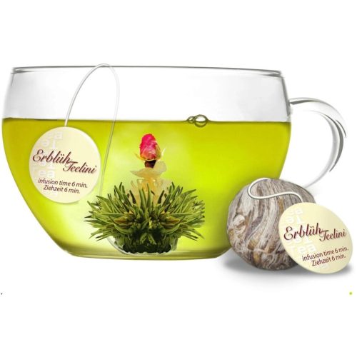 Set cadou ceai infloritor Creano Teelini, cana sticla 200 ml cu capac, 8 plicuri ceai verde