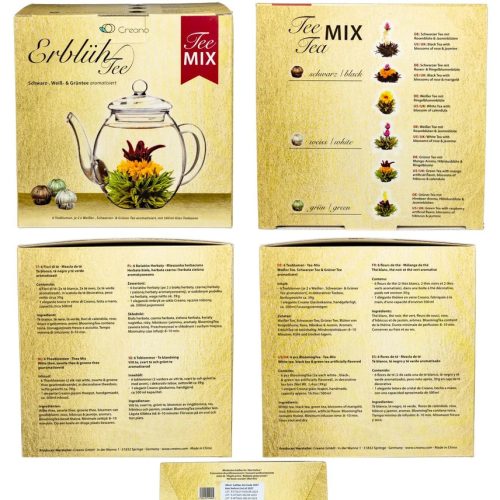 Set cadou ceai infloritor Creano cu ceainic sticla 500 ml, 6 varietati ceai alb/verde/negru