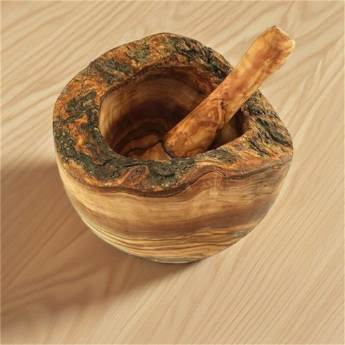 Mojar rustic din lemn de maslin cu pistil, diametru 12 cm, inaltime 9-11 cm