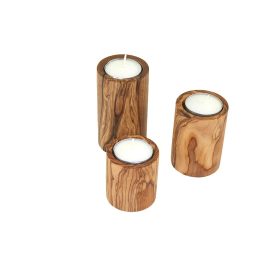   Set 3 suporturi pentru lumanari tip pastila din lemn de maslin, 6/8/10 cm, diametru 5.5 cm