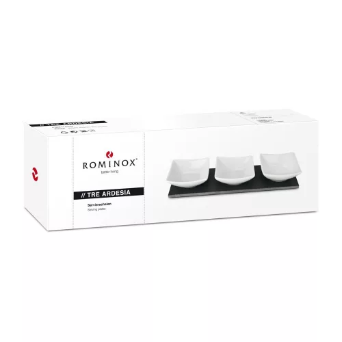 Set servire Rominox Tre Ardesia, 3 boluri ceramica, placa ardezie, aperitive si sosuri
